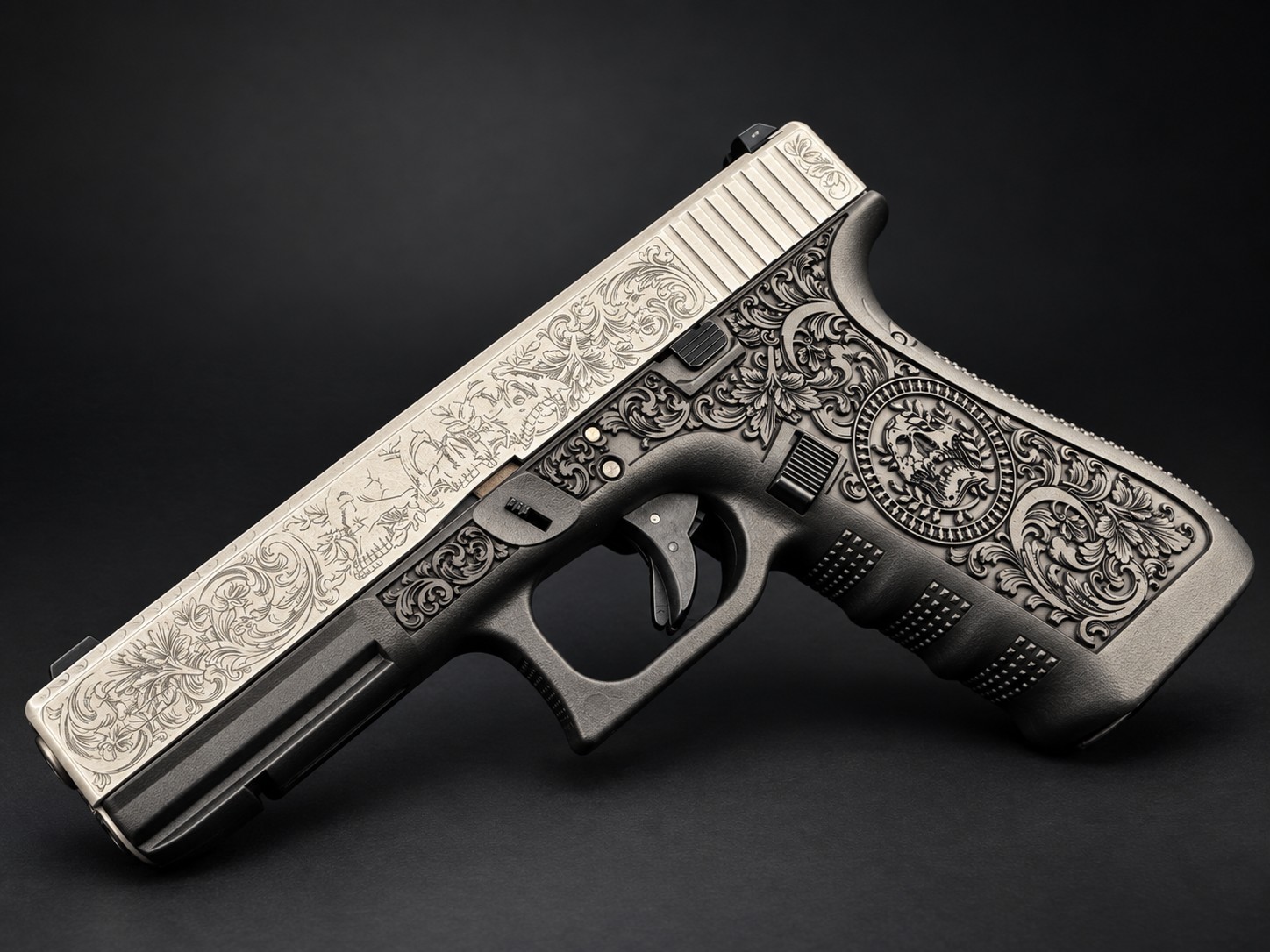 Skull and scrollwork engraved Glock displayed in foam case