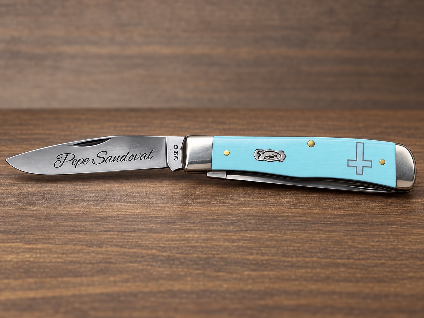 Close-up of personalized Case knife blade engraving