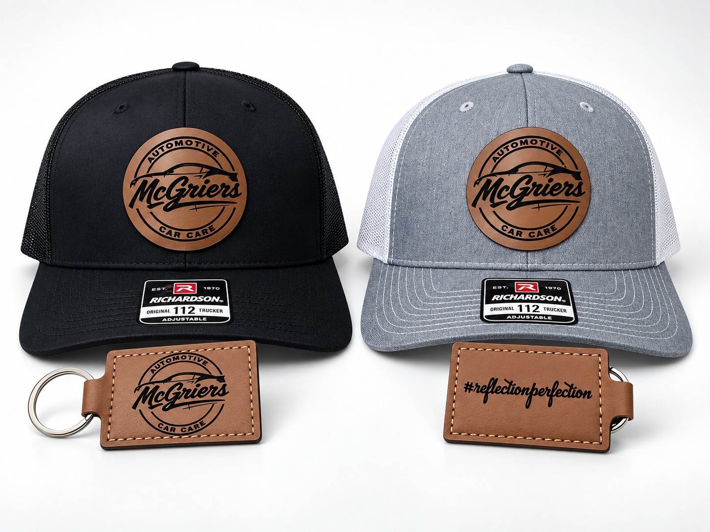 Branded hats and leatherette keychains