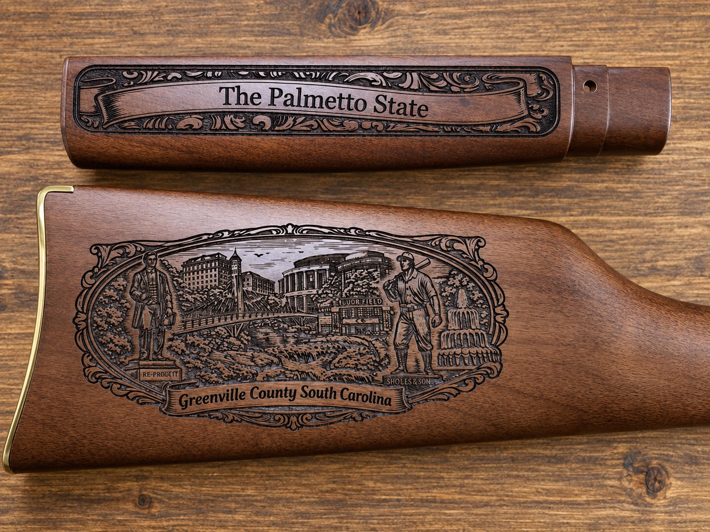 Finished Greenville County engraved wood stock
