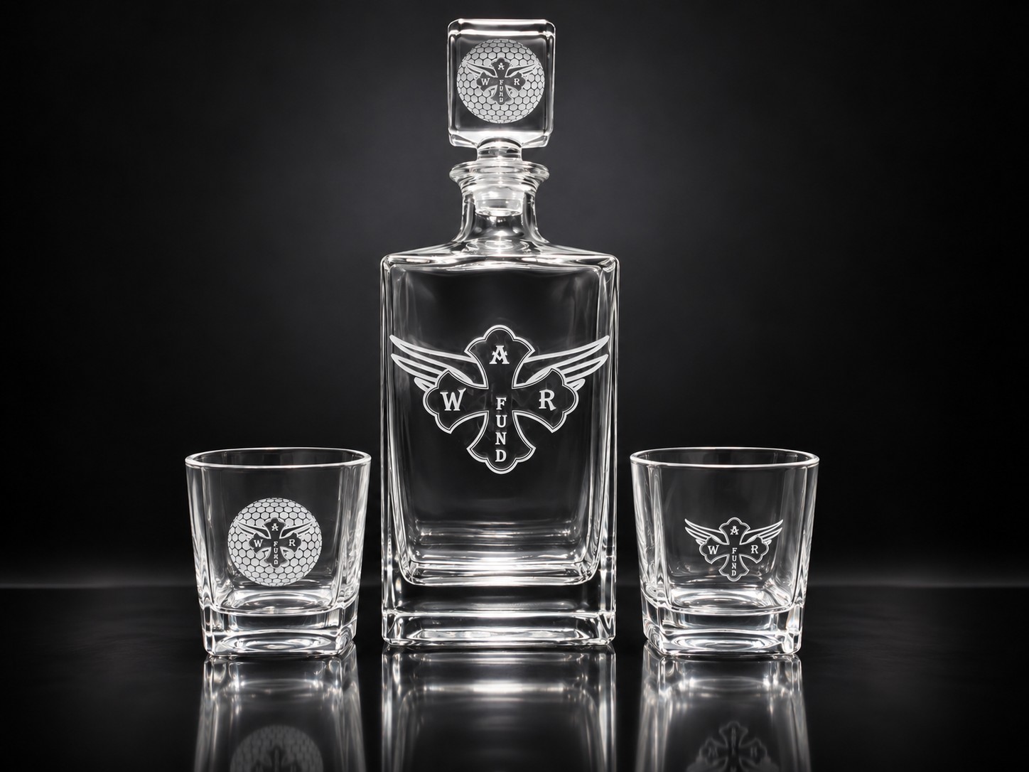 Custom logo etched decanter and glasses