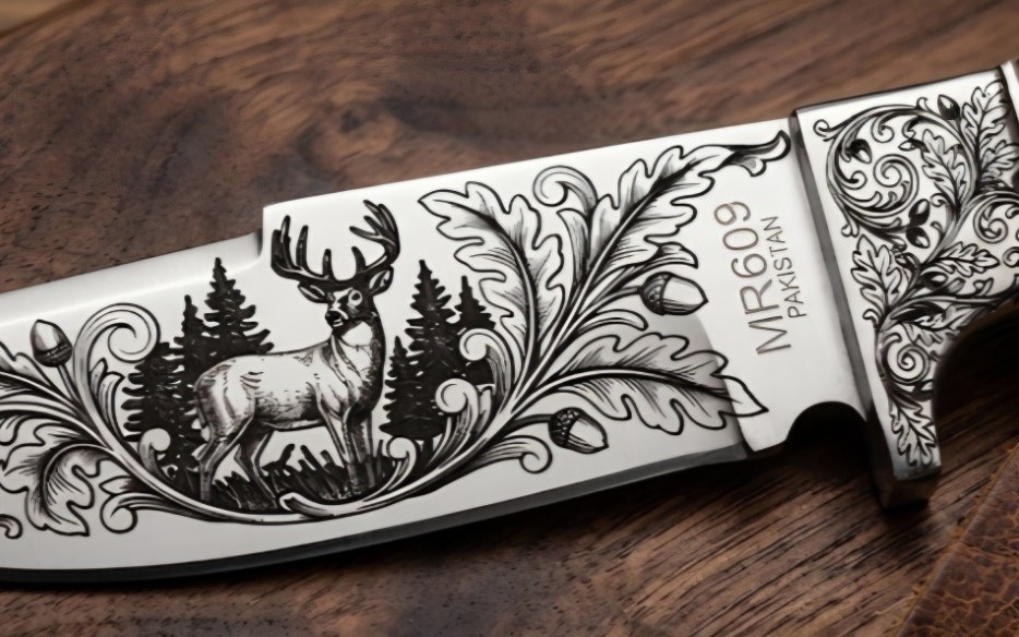 Whitetail buck and oak scrollwork knife engraving