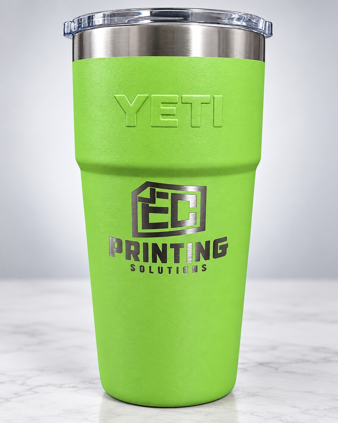 Green YETI cup with engraved logo